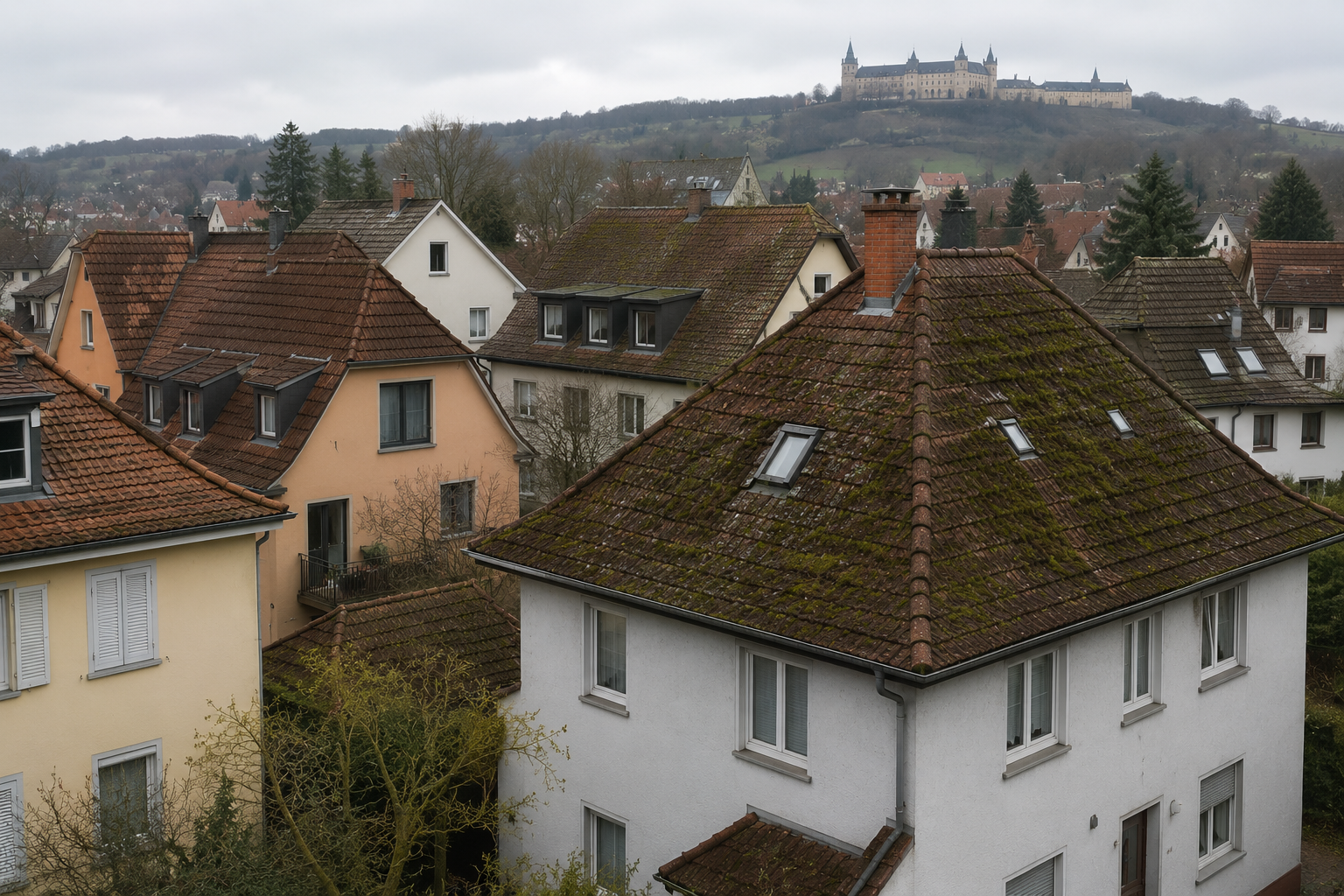 Anklamer Wohngebiet – Häuser mit Ziegeldächern und Moosbefall in Vorpommern